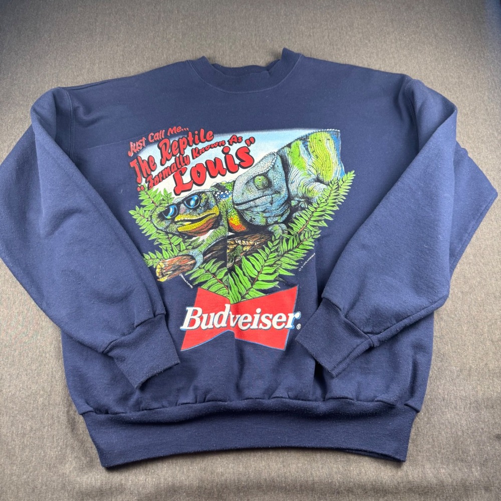 Vintage 1998 Budweiser Louis the Lizard Sweatshirt Hanes Navy Blue Large